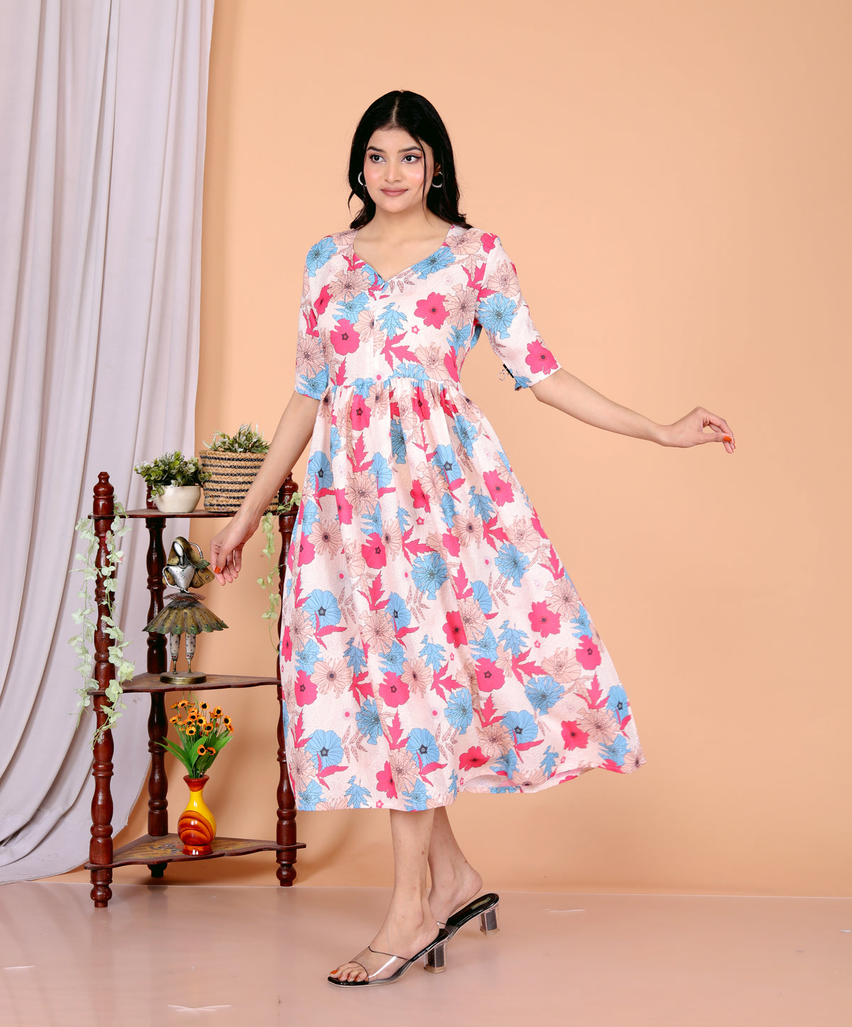 Women Cotton Multi flowers Middy Gown