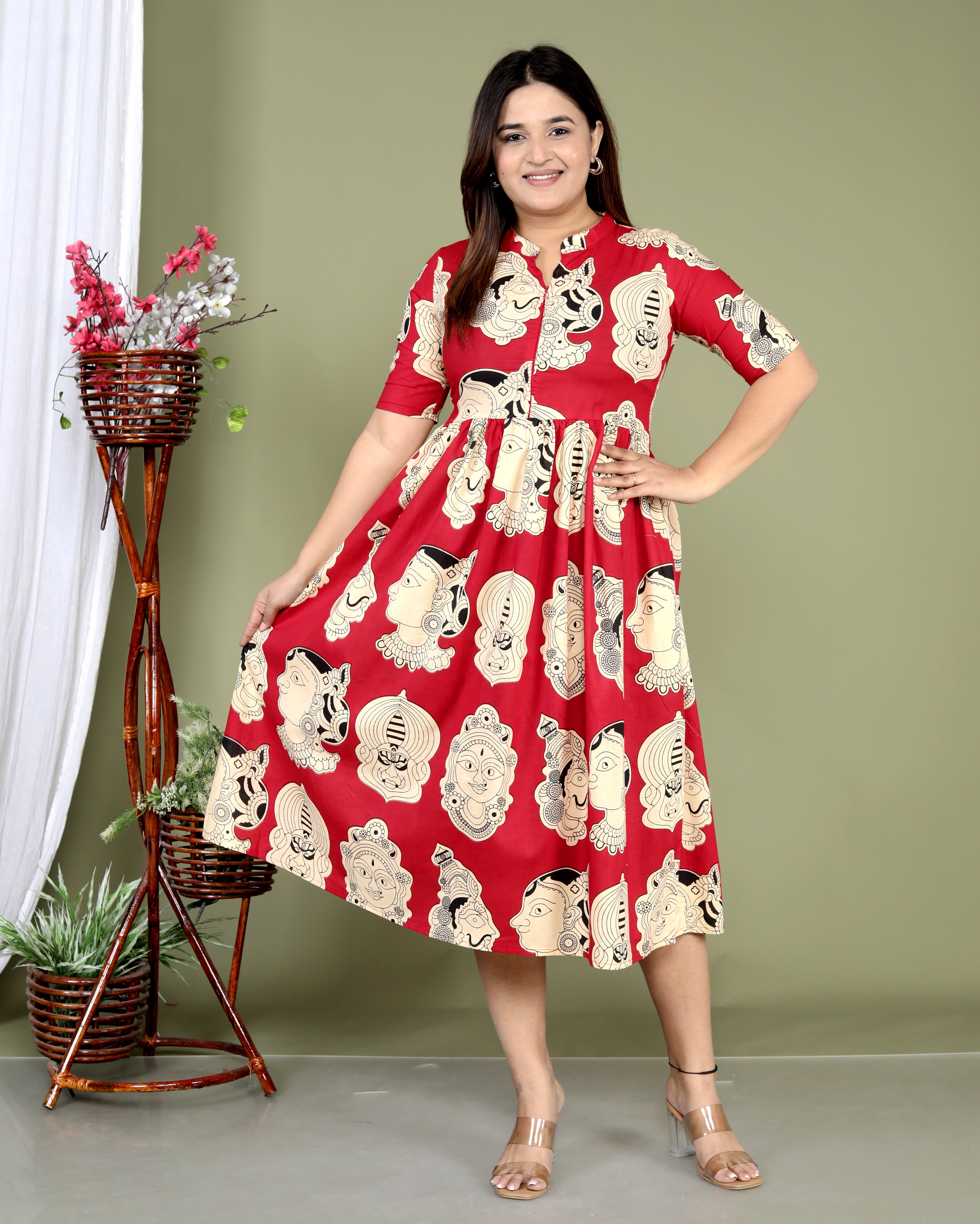 Women Red cotton Faces middi gown