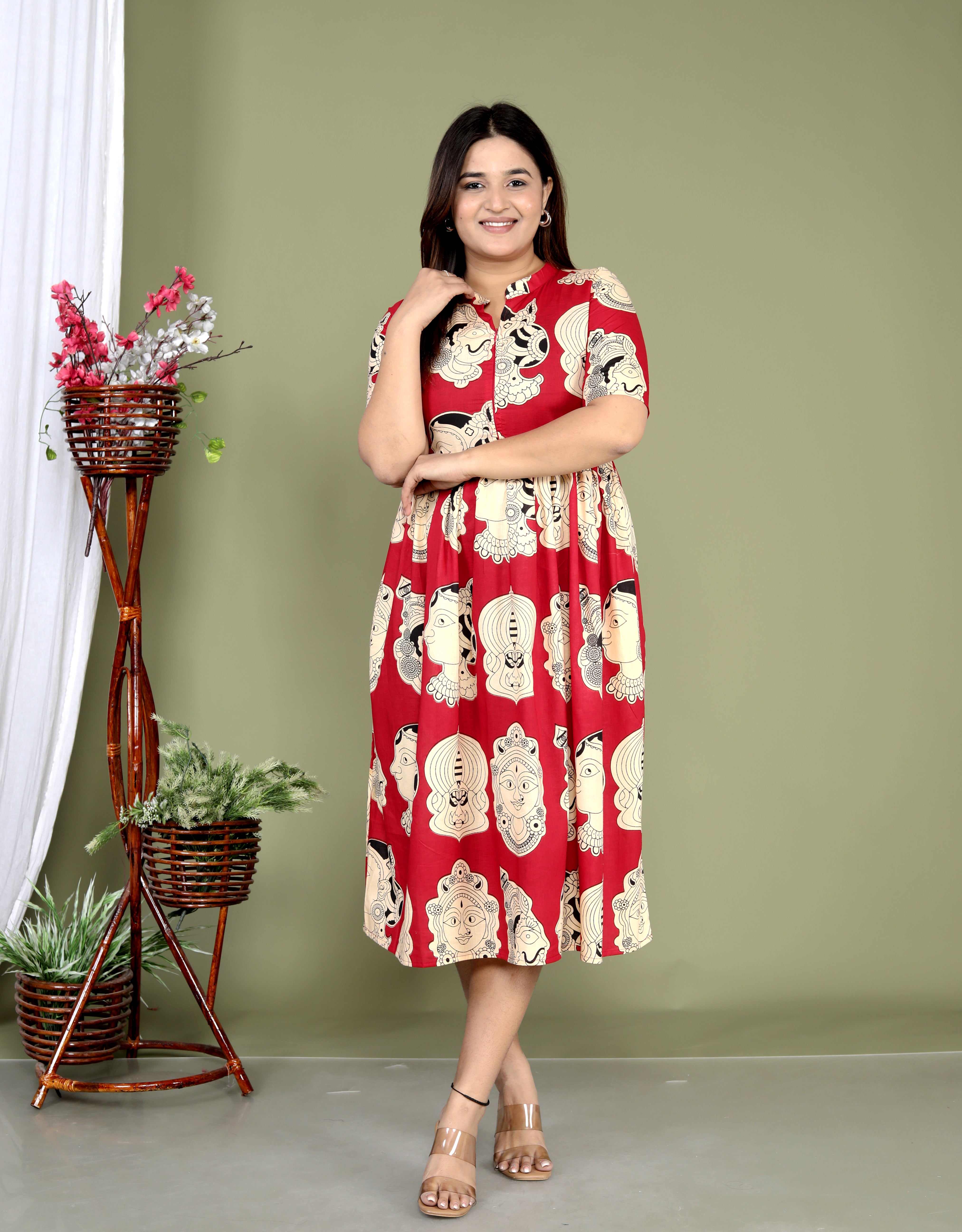 Women Red cotton Faces middi gown