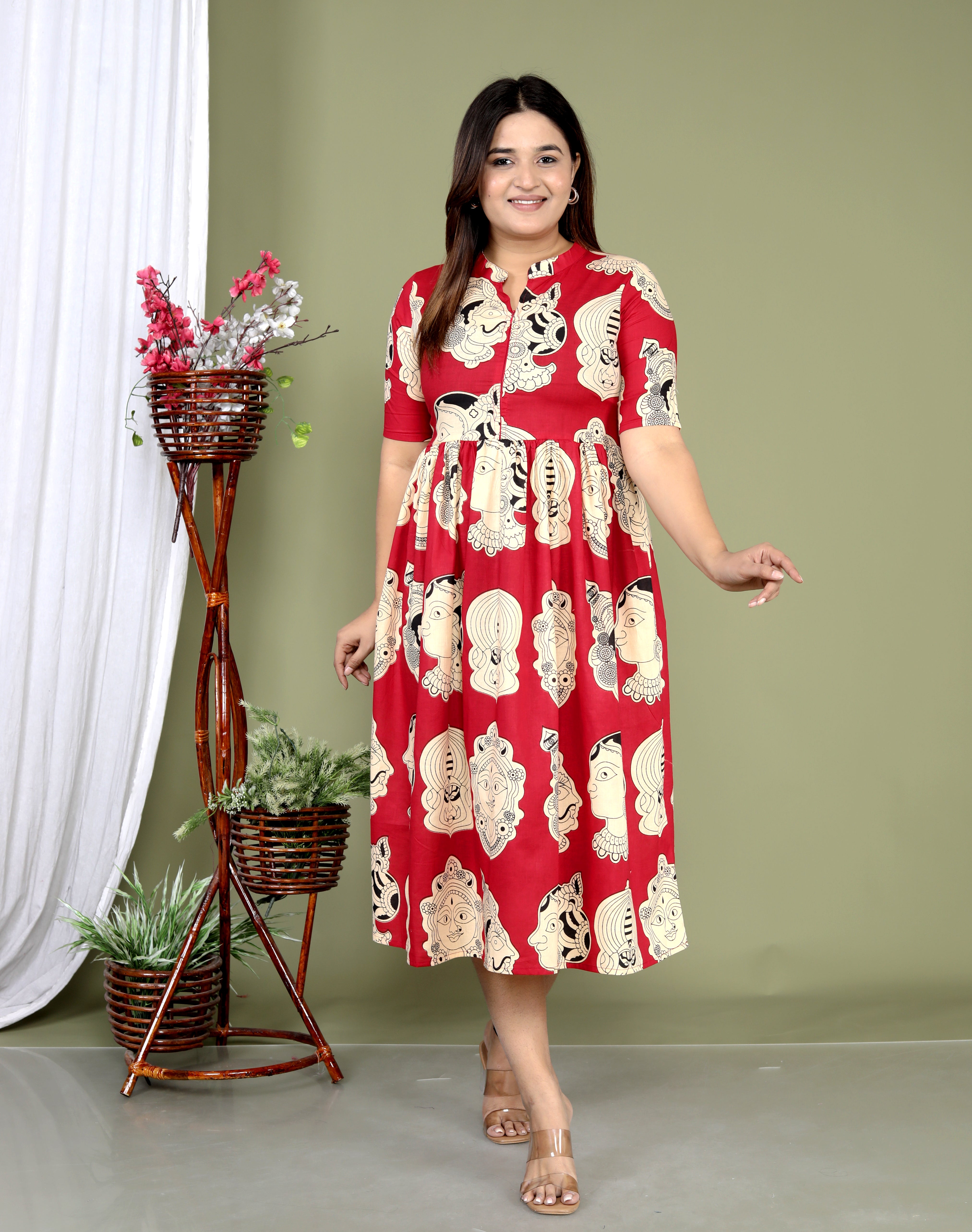 Women Red cotton Faces middi gown