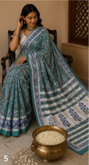 Pure Steel Blue Handblock Ajrakh Print Modal Silk Saree