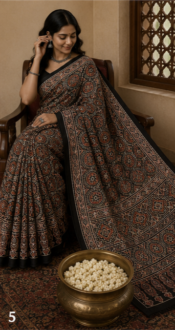 Pure Coffee Handblock Ajrakh Print Modal Silk Saree