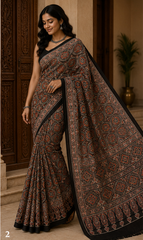 Pure Coffee Handblock Ajrakh Print Modal Silk Saree