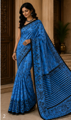 Pure Royal Blue Handblock print Ajrakh Modal Silk Saree
