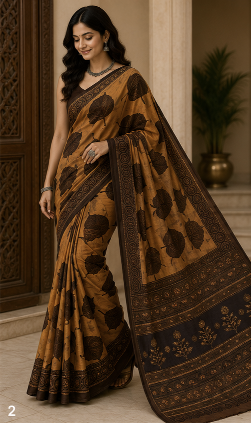 Pure Mustard Handblock Ajrakh Print Modal Silk Saree
