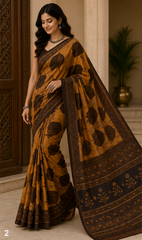 Pure Mustard Handblock Ajrakh Print Modal Silk Saree