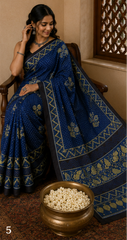 Pure Navy Blue Handblock Ajrakh Print Modal Silk Saree