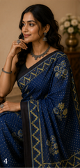 Pure Navy Blue Handblock Ajrakh Print Modal Silk Saree