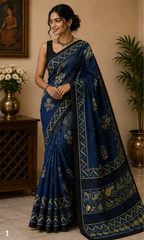 Pure Navy Blue Handblock Ajrakh Print Modal Silk Saree