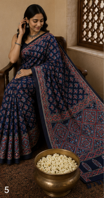 Pure Dark Blue Handblock Ajrakh Print Modal Silk Saree