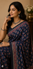 Pure Dark Blue Handblock Ajrakh Print Modal Silk Saree