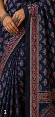 Pure Dark Blue Handblock Ajrakh Print Modal Silk Saree
