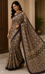 Pure Charcoal Grey Handblock Ajrakh Print Modal Silk Saree