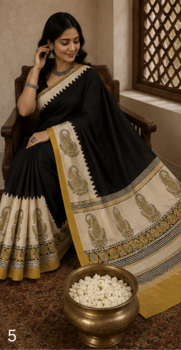 Pure Jet Black Handblock Ajrakh Print Modal Silk Saree