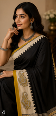 Pure Jet Black Handblock Ajrakh Print Modal Silk Saree