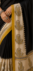Pure Jet Black Handblock Ajrakh Print Modal Silk Saree