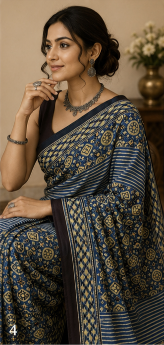 Pure Indigo Blue Handblock Ajrakh Print Modal Silk Saree