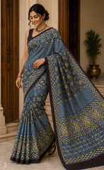 Pure Indigo Blue Handblock Ajrakh Print Modal Silk Saree