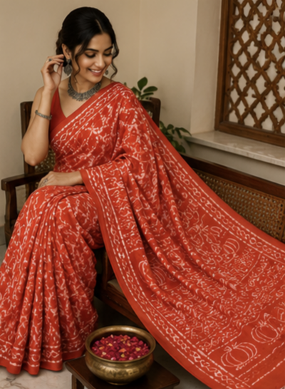 Pure Scarlet Red Handblock Ajrakh Print Modal Silk Saree