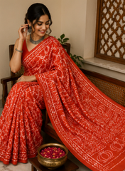 Pure Scarlet Red Handblock Ajrakh Print Modal Silk Saree