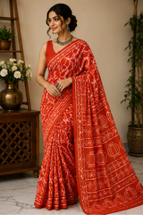 Pure Scarlet Red Handblock Ajrakh Print Modal Silk Saree