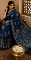Pure Muted Blue Handblock Ajrakh Print Modal Silk Saree