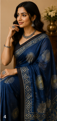Pure Muted Blue Handblock Ajrakh Print Modal Silk Saree