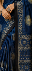 Pure Muted Blue Handblock Ajrakh Print Modal Silk Saree