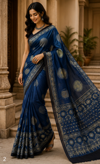 Pure Muted Blue Handblock Ajrakh Print Modal Silk Saree