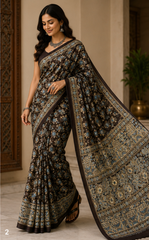 Pure Greyish Black Handblock Ajrakh Print Modal Silk Saree