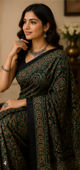 Pure Emerald Green Handblock Ajrakh Print Modal Silk Saree
