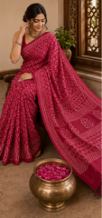 Pure Rani Pink Handblock Ajrakh Print Modal Silk Saree