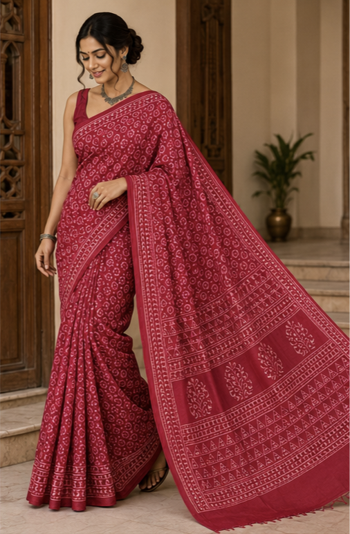 Pure Rani Pink Handblock Ajrakh Print Modal Silk Saree
