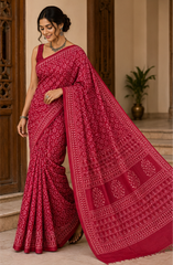 Pure Rani Pink Handblock Ajrakh Print Modal Silk Saree