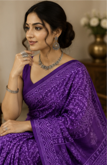 Pure Purple Handblock Ajrakh Print Modal Silk Saree