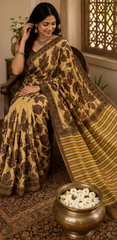 Pure Beige Brown Handblock Ajrakh Print Modal Silk Saree