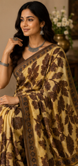 Pure Beige Brown Handblock Ajrakh Print Modal Silk Saree