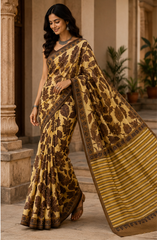 Pure Beige Brown Handblock Ajrakh Print Modal Silk Saree
