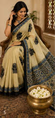 Pure Cream Art Handblock Ajrakh Print Modal Silk Saree