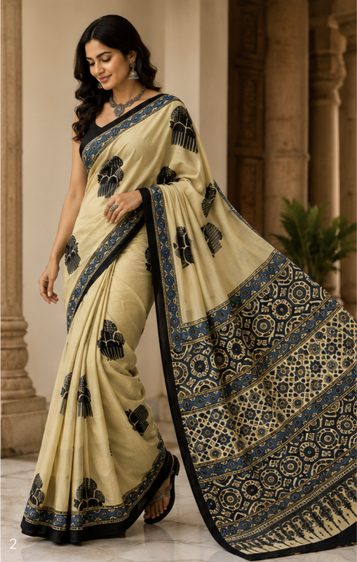 Pure Cream Art Handblock Ajrakh Print Modal Silk Saree