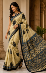 Pure Cream Art Handblock Ajrakh Print Modal Silk Saree