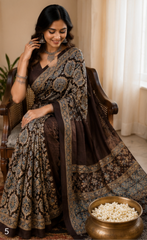 Pure Beige Grey handblock Ajrakh Print Modal Silk Saree