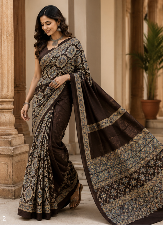 Pure Beige Grey handblock Ajrakh Print Modal Silk Saree