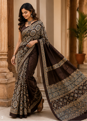 Pure Beige Grey handblock Ajrakh Print Modal Silk Saree
