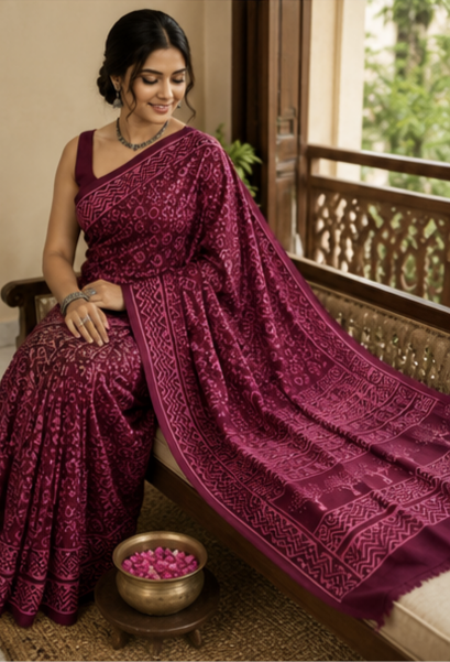 Pure Burgundy Handblock Ajrakh Print Modal Silk Saree