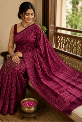 Pure Burgundy Handblock Ajrakh Print Modal Silk Saree