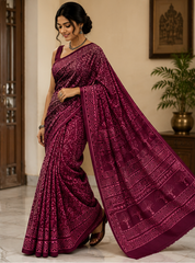 Pure Burgundy Handblock Ajrakh Print Modal Silk Saree