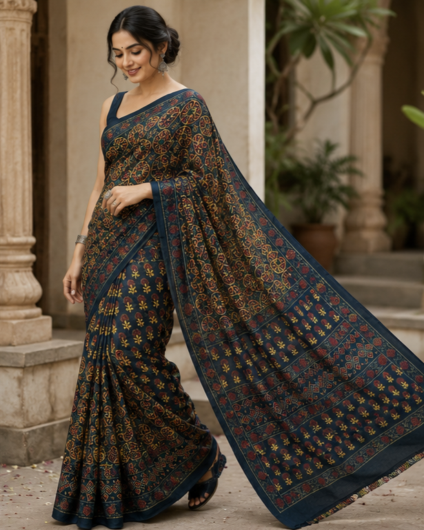 Pure Bold Black Handblock Ajrakh Print Modal Silk Saree