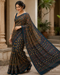 Pure Bold Black Handblock Ajrakh Print Modal Silk Saree