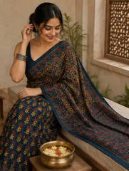 Pure Bold Black Handblock Ajrakh Print Modal Silk Saree